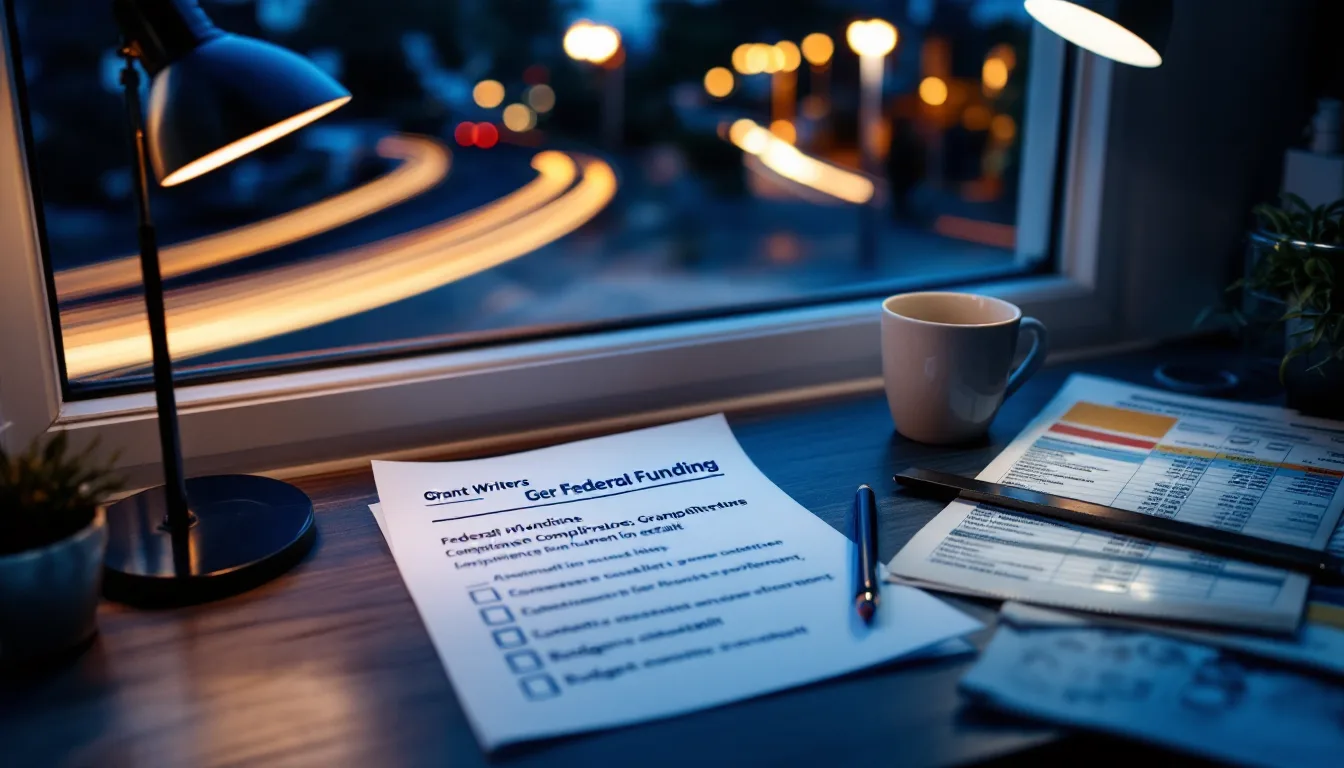 A writing desk at blue hour with a marked-up funding notice, a ticked checklist, and headlight trails passing outside the window