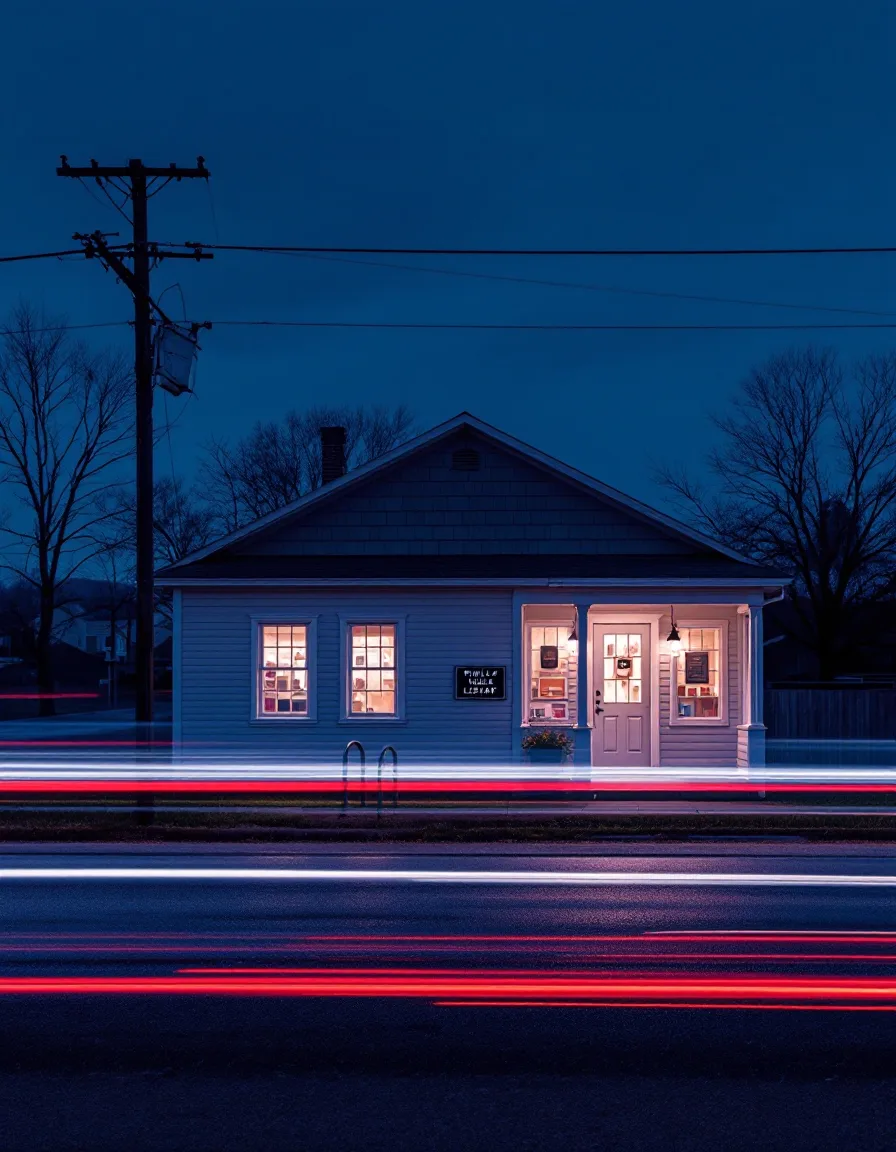A small rural library at dusk with lit windows and car light trails streaking past on the road