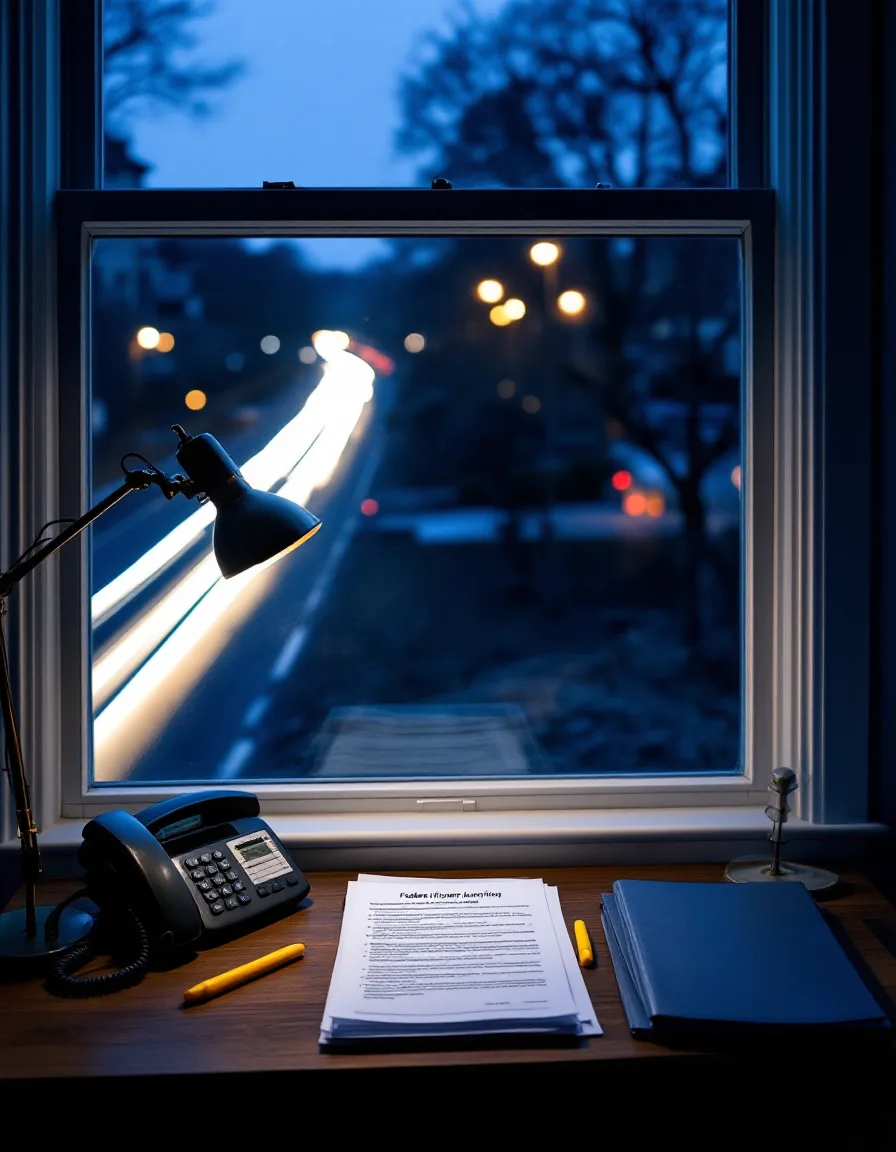 A writing desk with a printed funding notice and a lamp, by a window where headlight trails streak past at blue hour