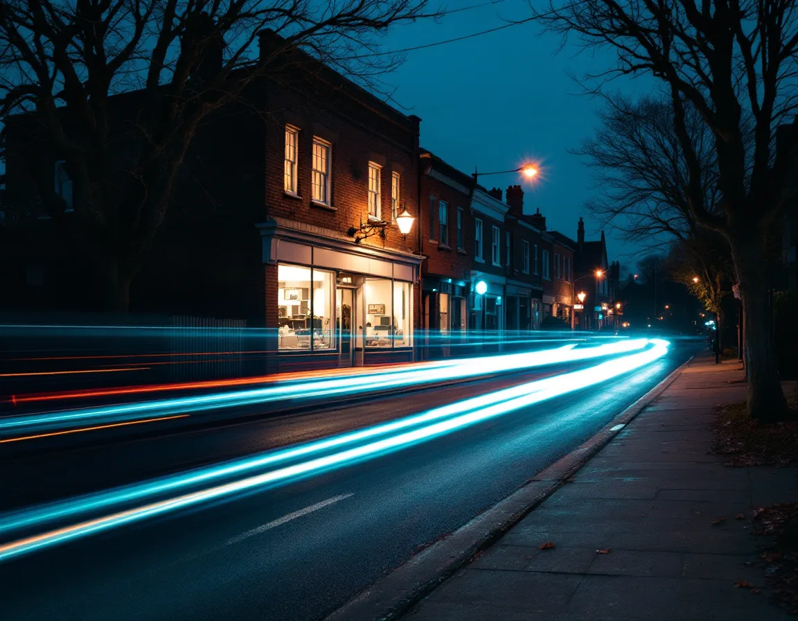 Blue-hour long exposure of a village street with light trails passing a lit upstairs office window
